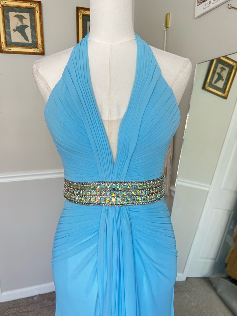 Vintage Y2K Tony Bowls Ice Blue Jeweled Halter Prom Dress - Picture 3 of 9